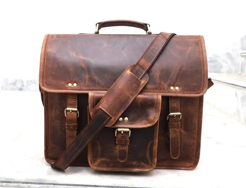 100% Real Leather Laptop Briefcase Bag | Handmade Leather Office Bag | Documents Notebook Bag