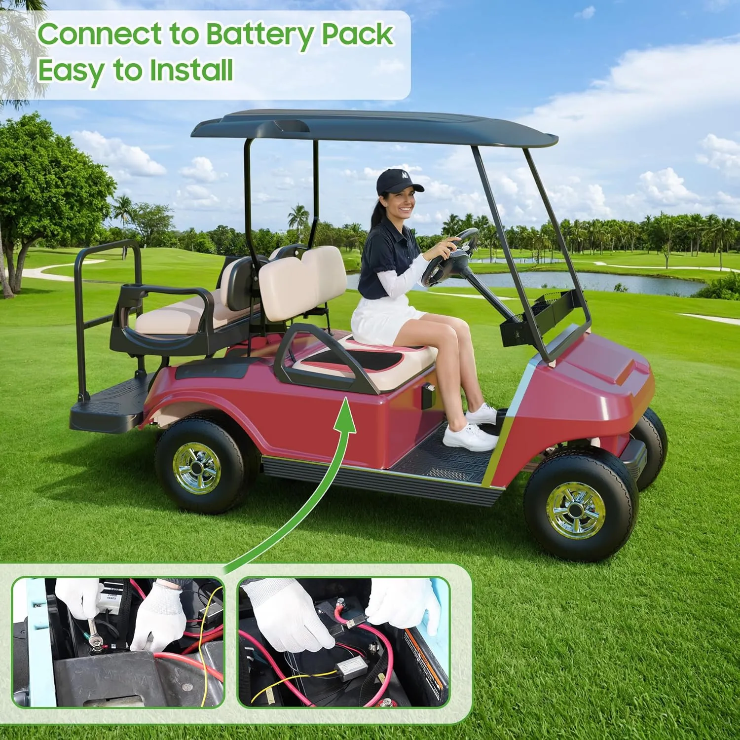 10L0L Universal Cooling Golf Cart Seat Cover Ventilated Seat Cushion with Fan Summer Breathable 3 Wind Adjustable Cooled Seat Pad Black/Red (with DC Converter)
