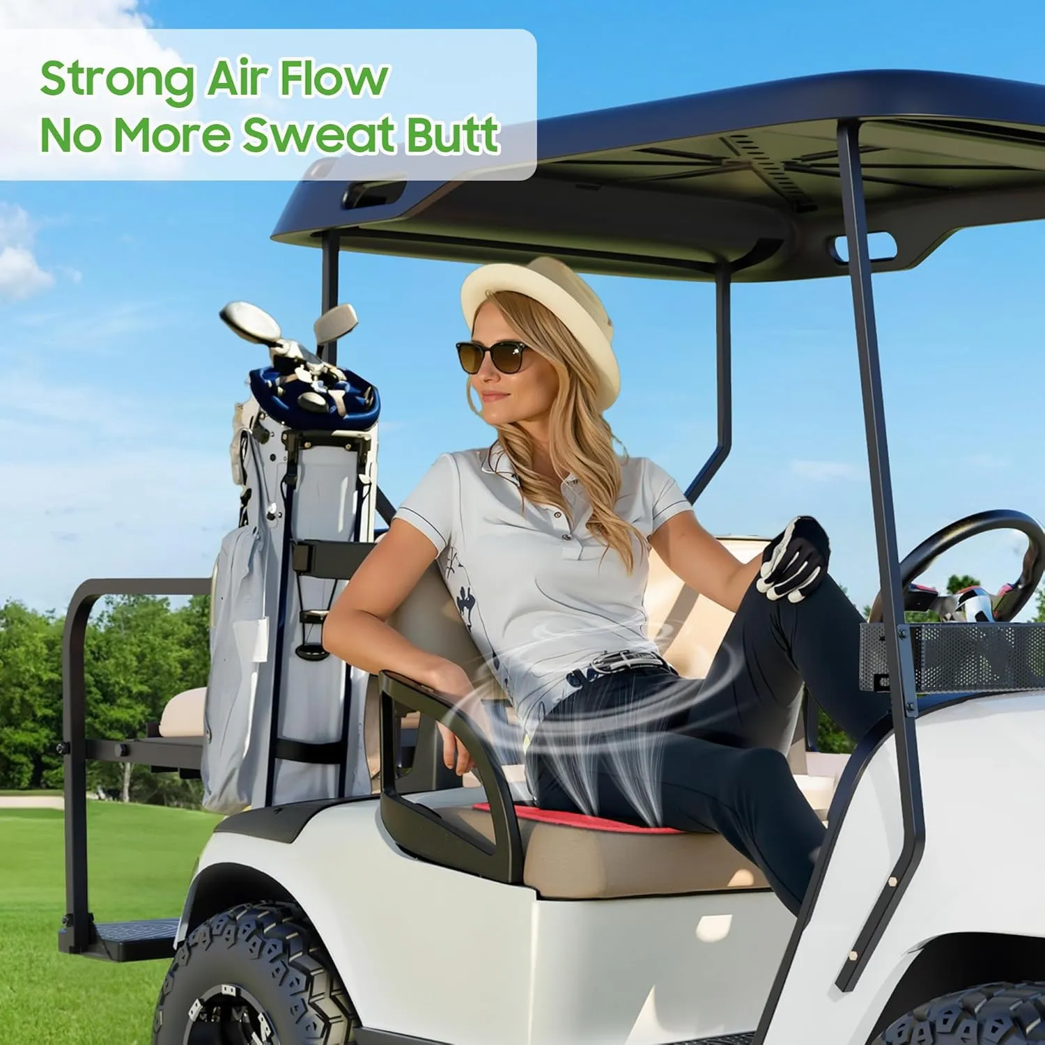 10L0L Universal Cooling Golf Cart Seat Cover Ventilated Seat Cushion with Fan Summer Breathable 3 Wind Adjustable Cooled Seat Pad Black/Red (with DC Converter)
