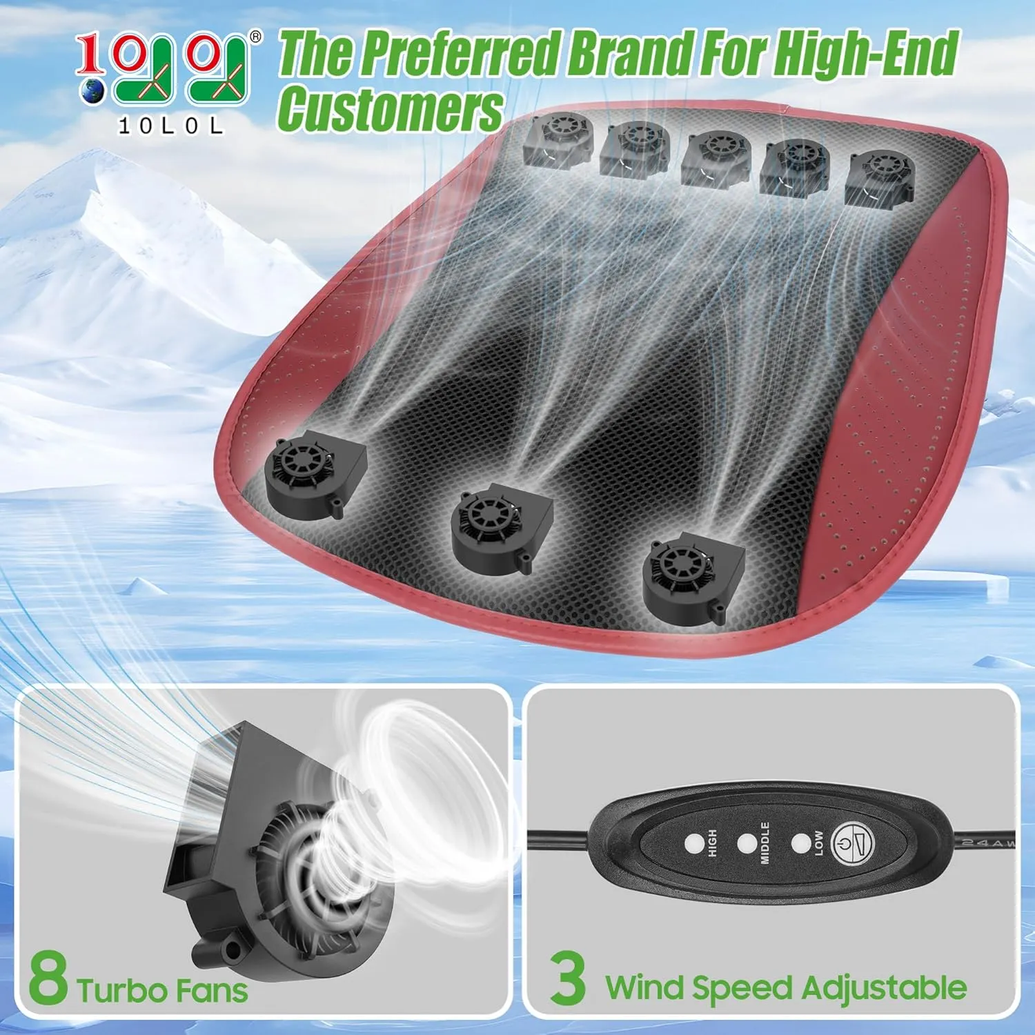 10L0L Universal Cooling Golf Cart Seat Cover Ventilated Seat Cushion with Fan Summer Breathable 3 Wind Adjustable Cooled Seat Pad Black/Red (with DC Converter)