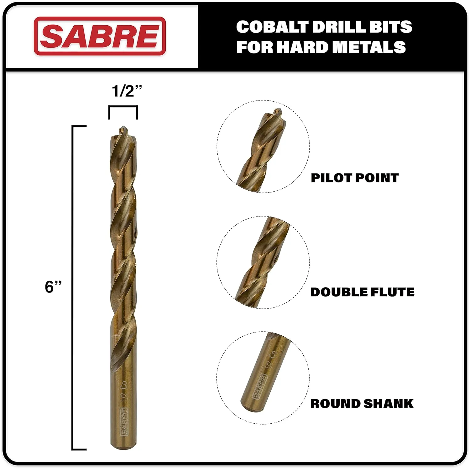 1/2 Inch Cobalt Drill Bits – 5pcs Drill Bits for Metal, M35 Cobalt Metal Drill Bit Set, Pilot Point Cobalt Drill Bits – Heavy-Duty Drill Bits for Steel, Hard Metal, Cast Iron (1/2" x 6")