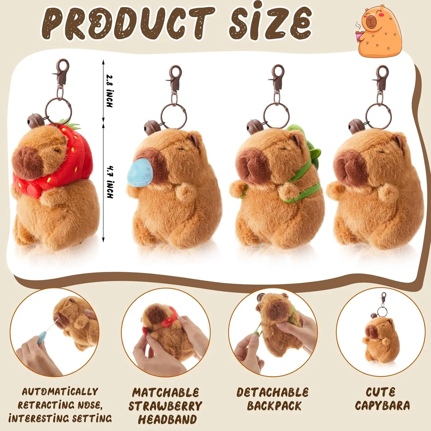 12Pcs Capybara Plush Keychain Capybara Stuffed Animals Toy Capibara Cute Keychain Pendant for Party Favor Decor (Mixed Styles, 12)