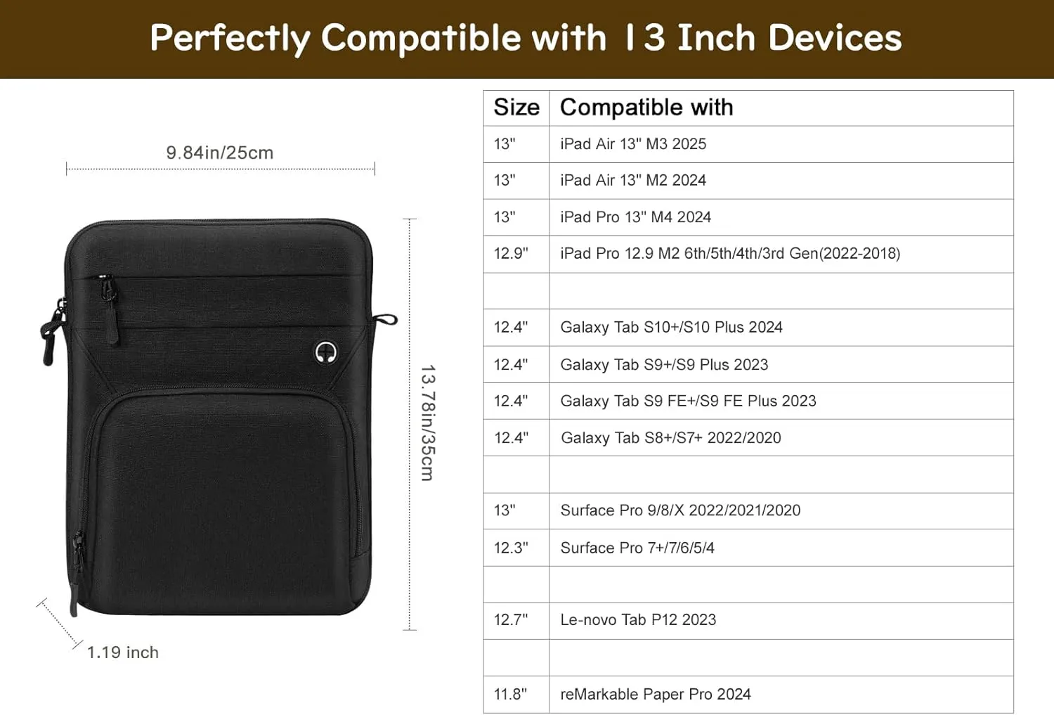 13 Inch Tablet Sleeve Bag with Shoulder Strap for iPad Pro 13" M4 2024, iPad Air 13", iPad Pro 12.9", Galaxy Tab S10  Plus/S9 FE /S9  Plus 12.4", Remarkable Paper Pro 11.8", Black