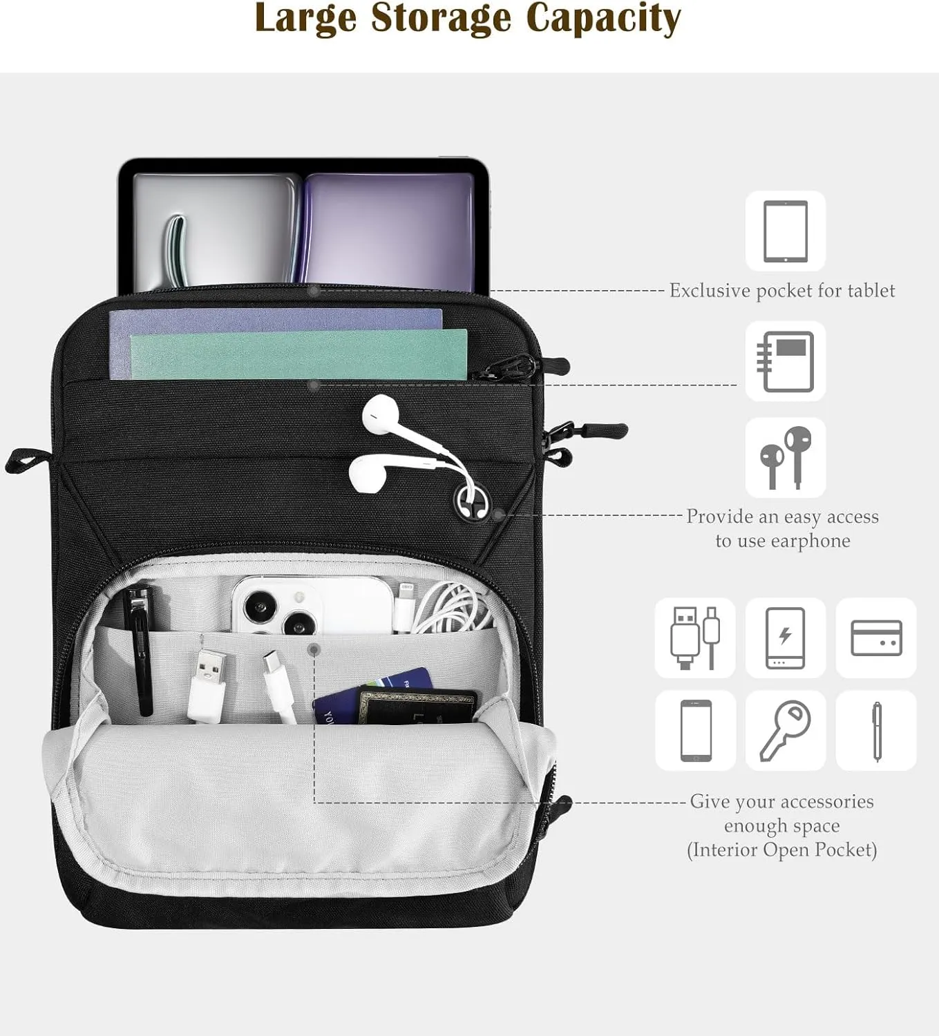 13 Inch Tablet Sleeve Bag with Shoulder Strap for iPad Pro 13" M4 2024, iPad Air 13", iPad Pro 12.9", Galaxy Tab S10  Plus/S9 FE /S9  Plus 12.4", Remarkable Paper Pro 11.8", Black