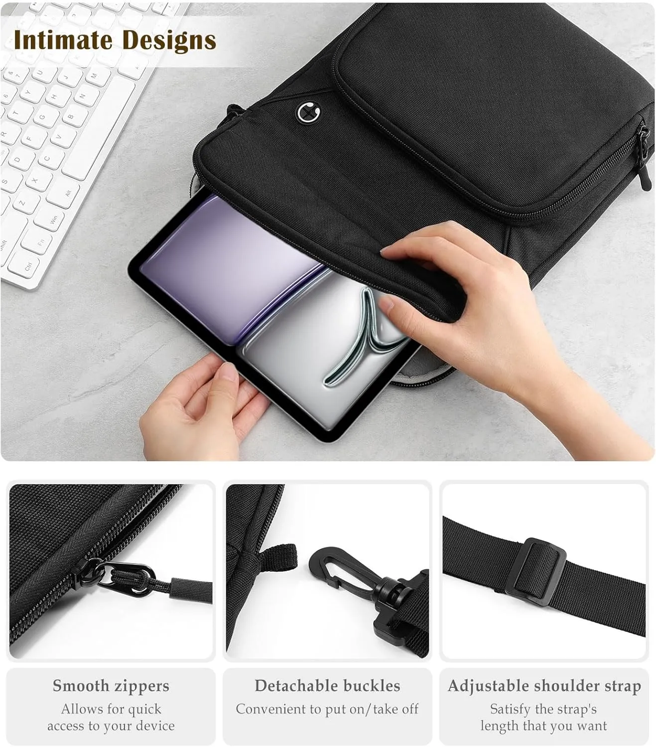 13 Inch Tablet Sleeve Bag with Shoulder Strap for iPad Pro 13" M4 2024, iPad Air 13", iPad Pro 12.9", Galaxy Tab S10  Plus/S9 FE /S9  Plus 12.4", Remarkable Paper Pro 11.8", Black