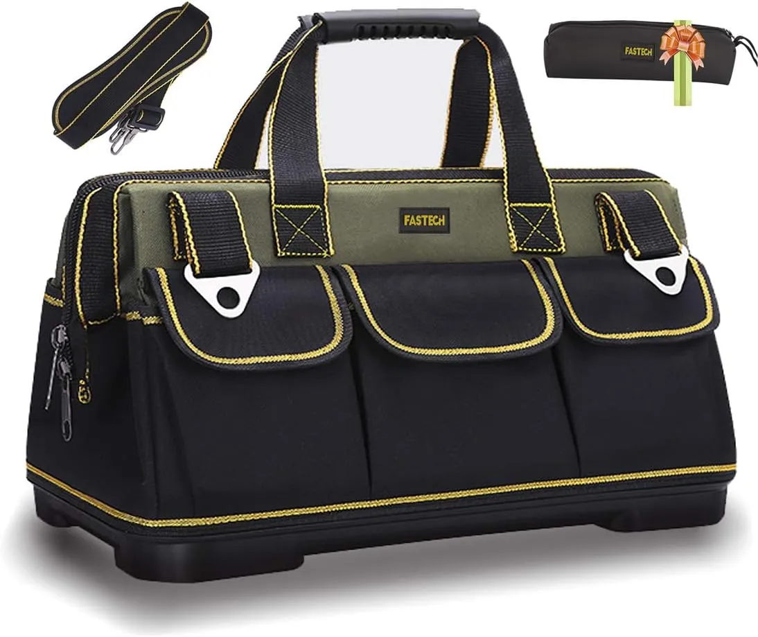 15-inch Wide Mouth Tool Bag with Water Proof Molded Base，Wide Mouth Tool Tote Bag,Waterproof Tool Organizer Bag for Men with Adjustable Shoulder Strap (15 inch)