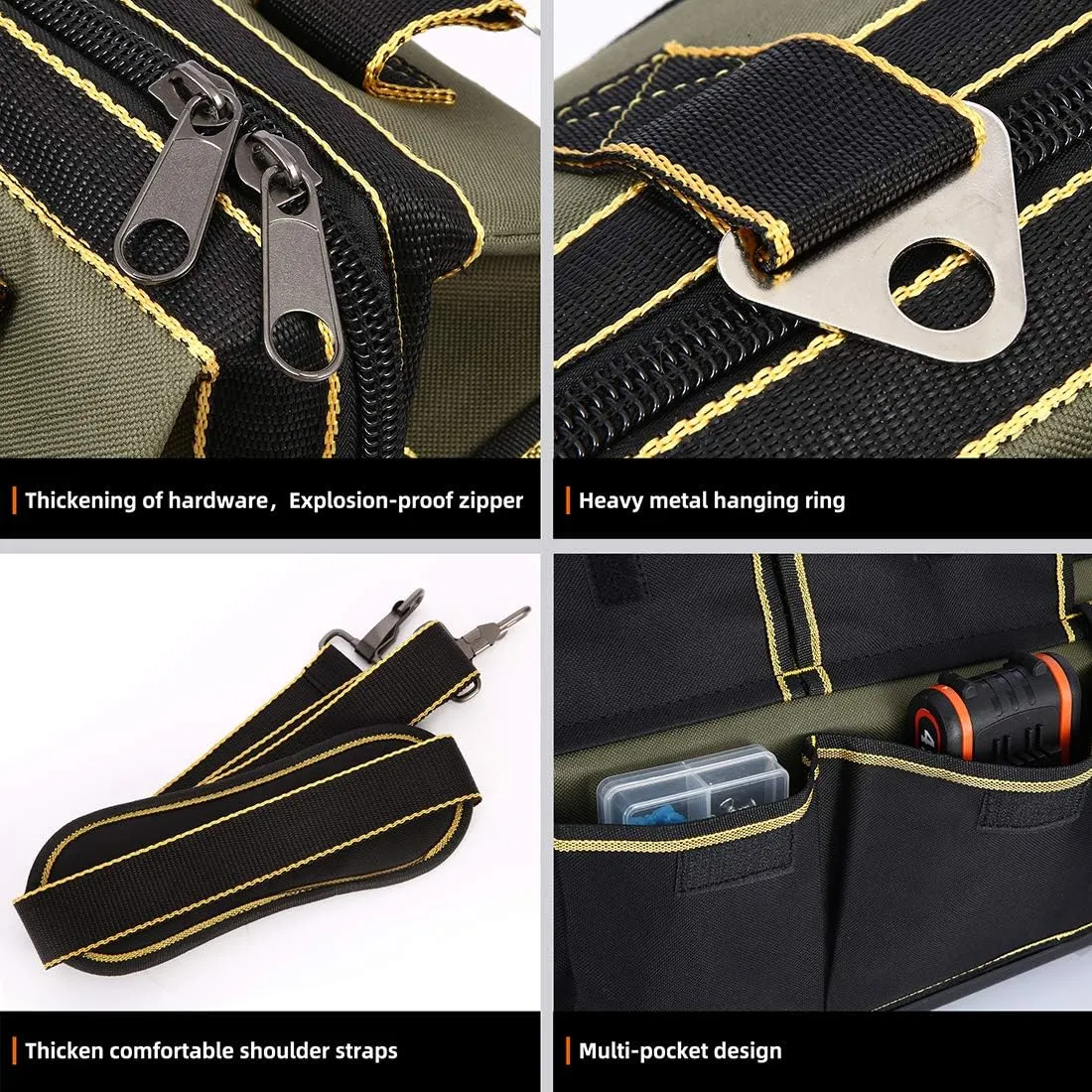 15-inch Wide Mouth Tool Bag with Water Proof Molded Base，Wide Mouth Tool Tote Bag,Waterproof Tool Organizer Bag for Men with Adjustable Shoulder Strap (15 inch)