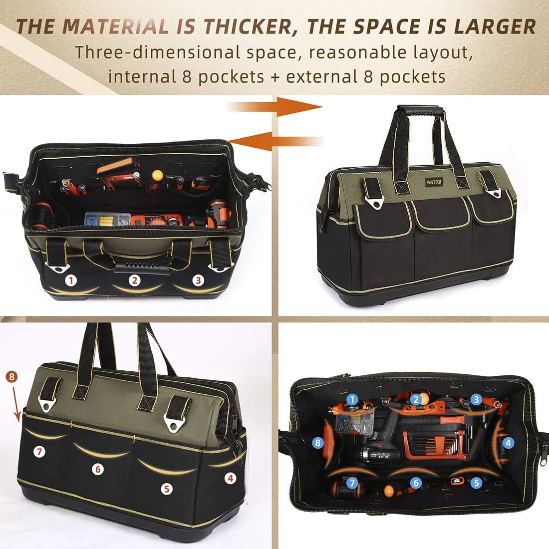 15-inch Wide Mouth Tool Bag with Water Proof Molded Base，Wide Mouth Tool Tote Bag,Waterproof Tool Organizer Bag for Men with Adjustable Shoulder Strap (15 inch)