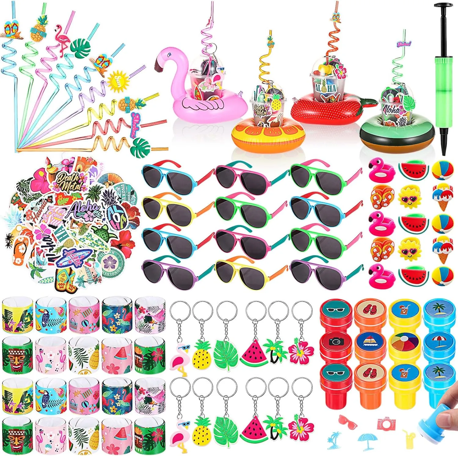 159 Pcs Hawaiian Luau Party Favors Inflatable Drink Holder Float Coaster Set Straws Sunglass Stamper Slap Bracelet Keychain Ring Sticker for Pool Beach/ Hawaiian /Luau /Birthday Decorations