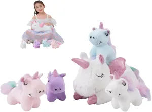 16 Inch Soft Unicorn Stuffed Animals PlaySet - Cuddle Plush Mommy With 4 Baby Rainbow Flying Plush Pillow Toy With Wings for Kids and Lovers