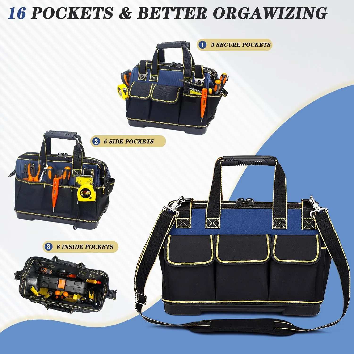 17 Inch Heavy duty tool bag, multifunctional tool bag organizer, waterproof and wear-resistant base with large double zipper and adjustable shoulder strap, gift for Father's Day and Men