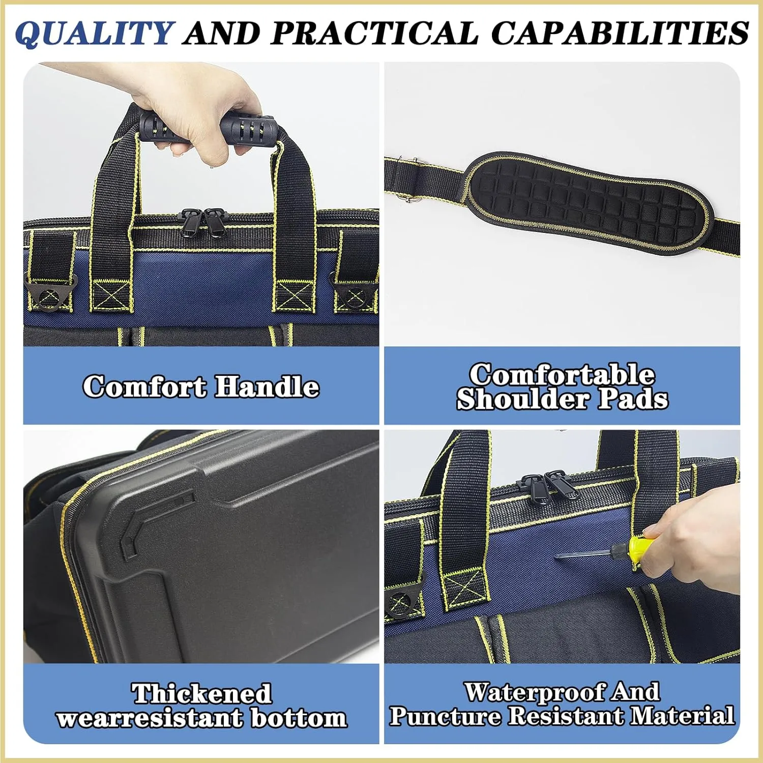 17 Inch Heavy duty tool bag, multifunctional tool bag organizer, waterproof and wear-resistant base with large double zipper and adjustable shoulder strap, gift for Father's Day and Men