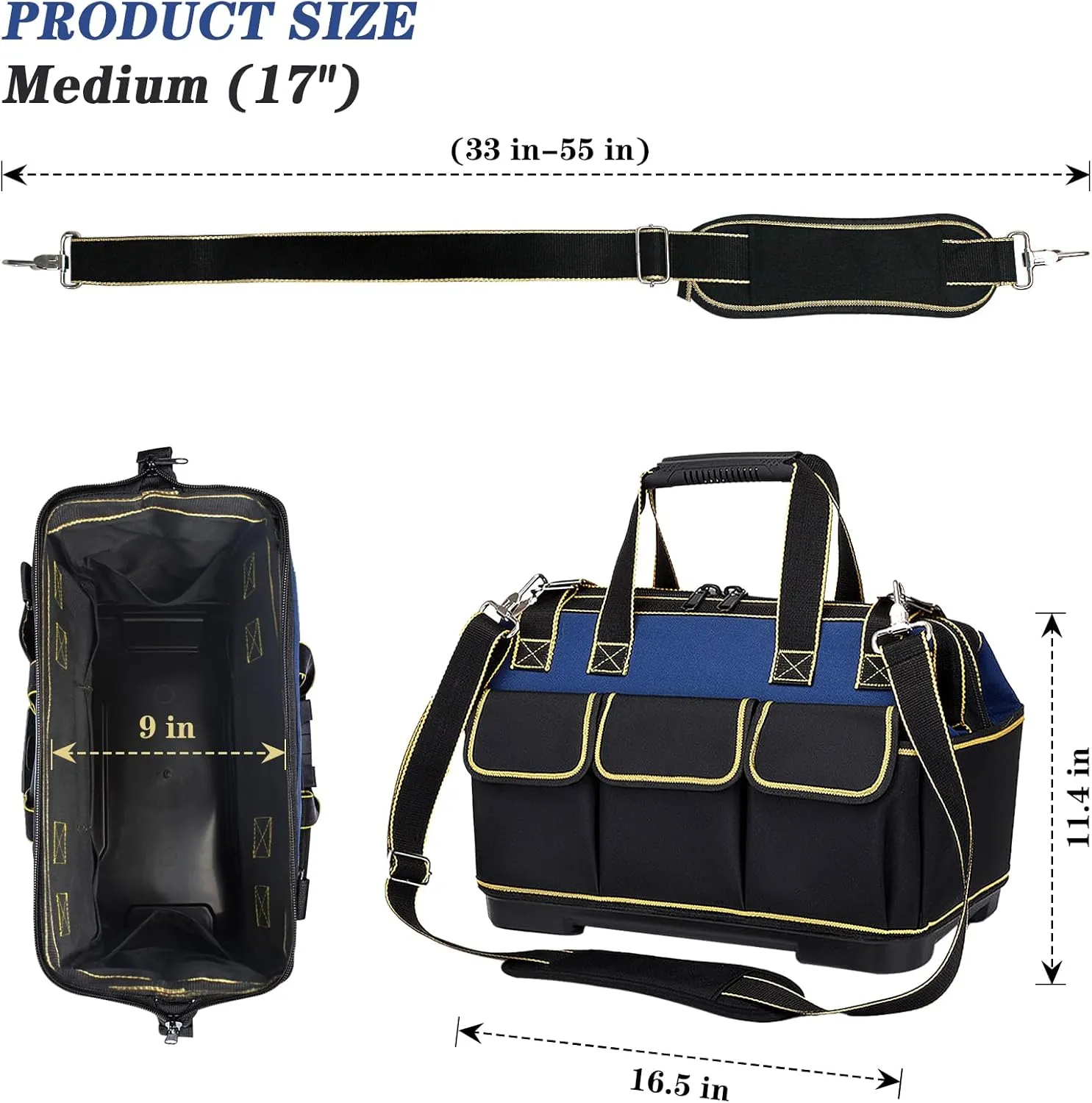17 Inch Heavy duty tool bag, multifunctional tool bag organizer, waterproof and wear-resistant base with large double zipper and adjustable shoulder strap, gift for Father's Day and Men
