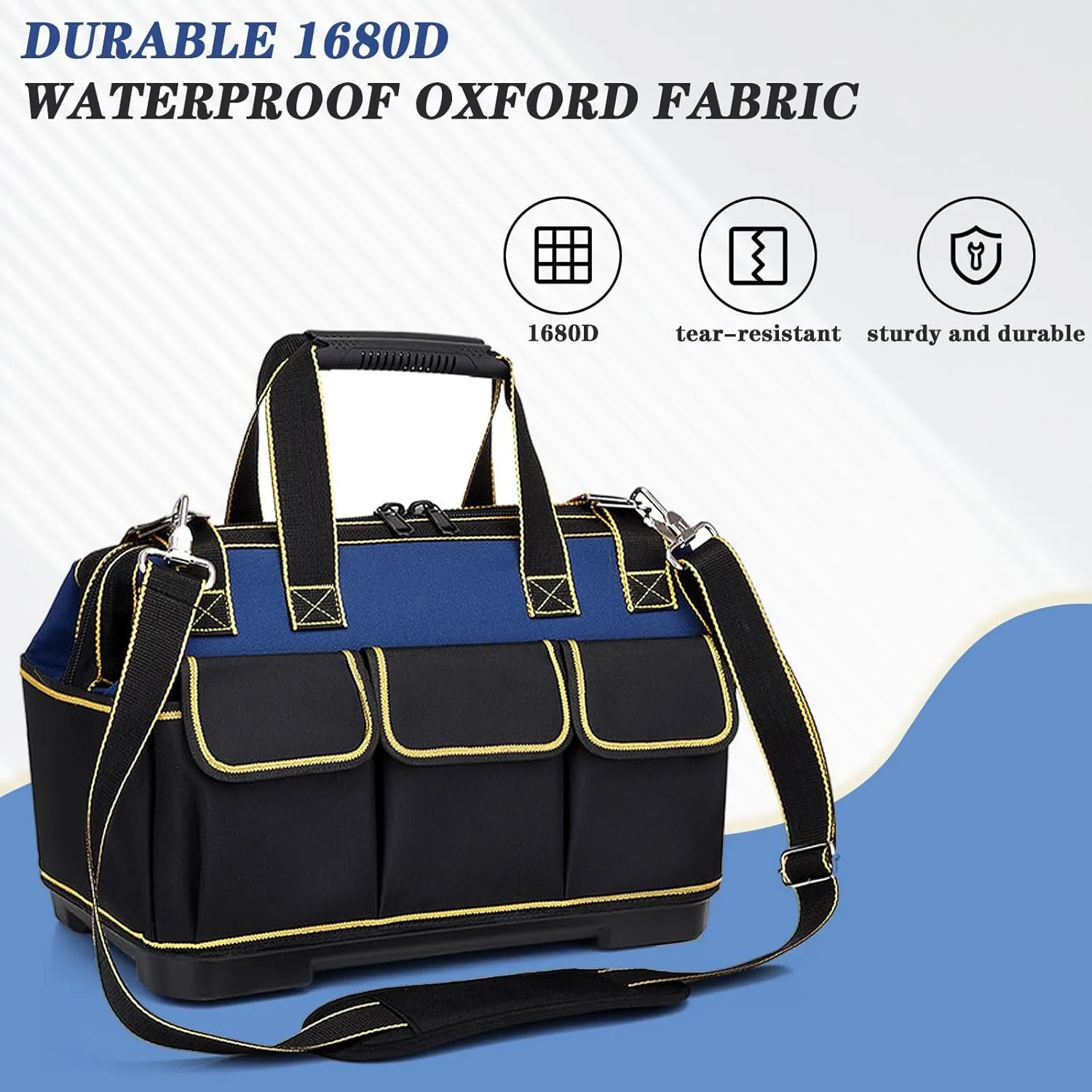 17 Inch Heavy duty tool bag, multifunctional tool bag organizer, waterproof and wear-resistant base with large double zipper and adjustable shoulder strap, gift for Father's Day and Men
