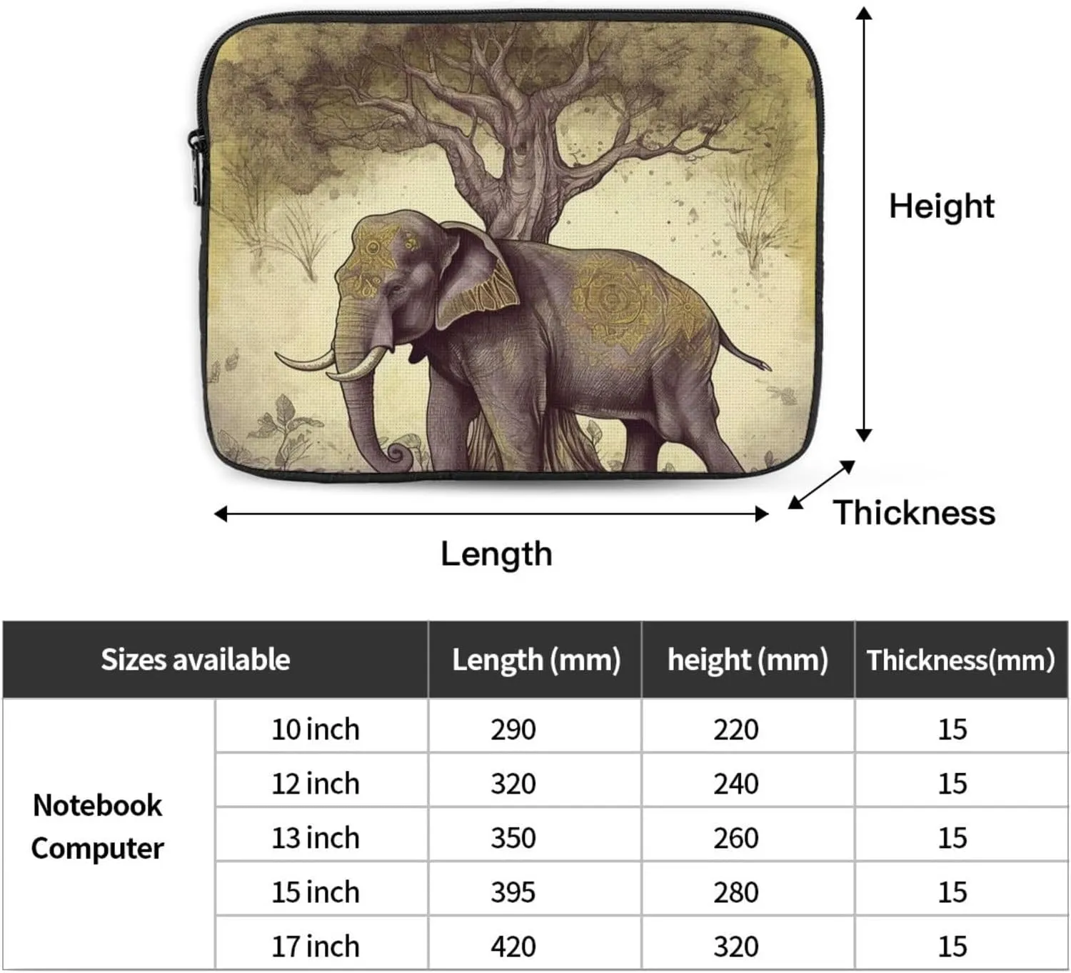 17 Inch Laptop Sleeve Bag Waterproof Shockproof Laptop Case Bag Asian Elephant with Tree Computer Skin Bags Lightweight Tablet Carrying Case