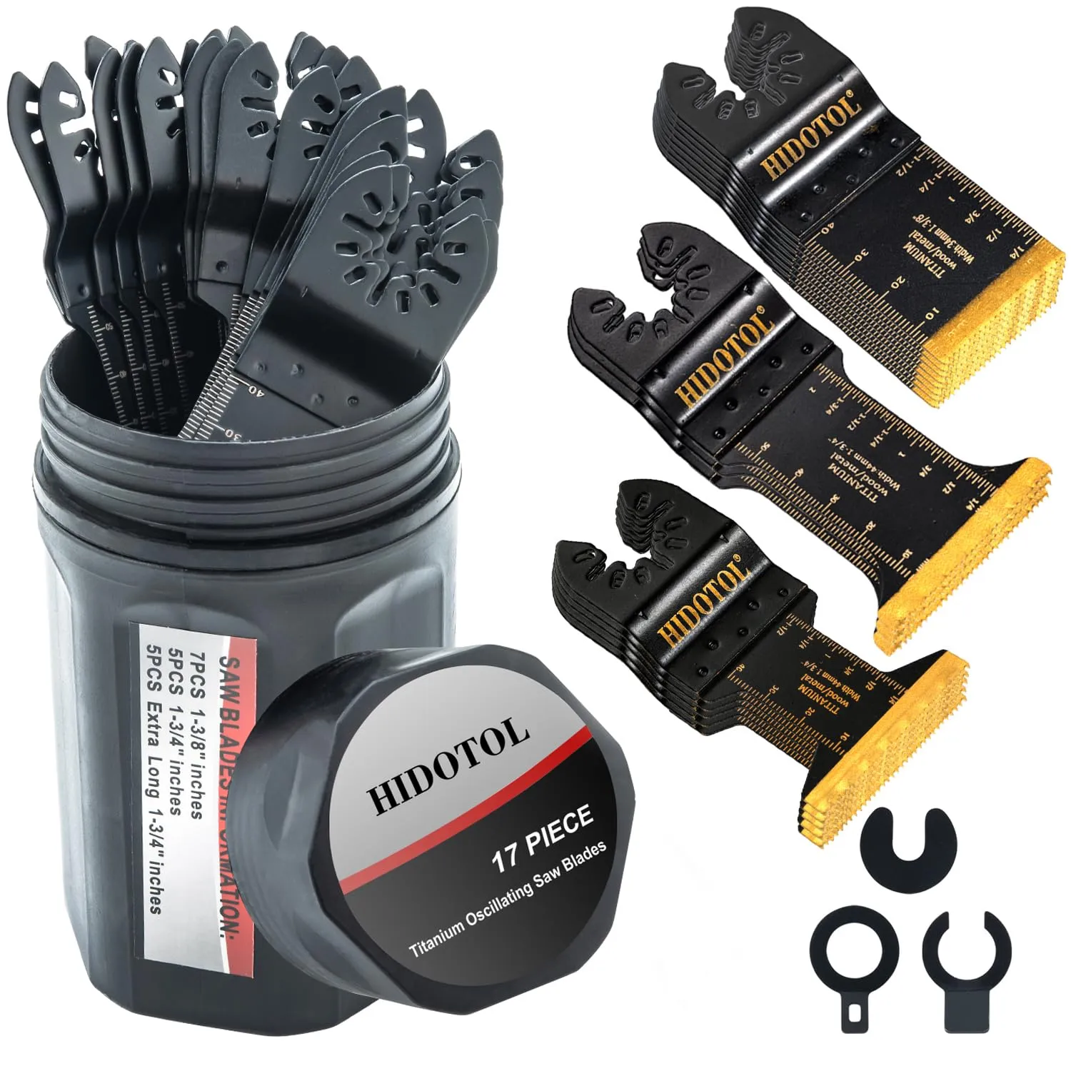 17 PCS Titanium Oscillating Saw Blades Universal Multitool Blades for Cutting Hard Material, Metal Nails, Wood, Plastic, Oscillating Tool Blades Kit fit in Sturdy Round Case.