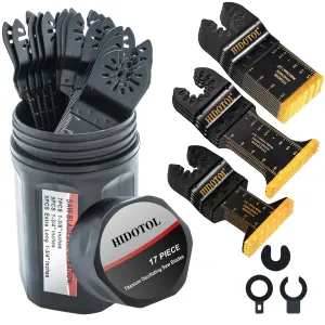 17 PCS Titanium Oscillating Saw Blades Universal Multitool Blades for Cutting Hard Material, Metal Nails, Wood, Plastic, Oscillating Tool Blades Kit fit in Sturdy Round Case.