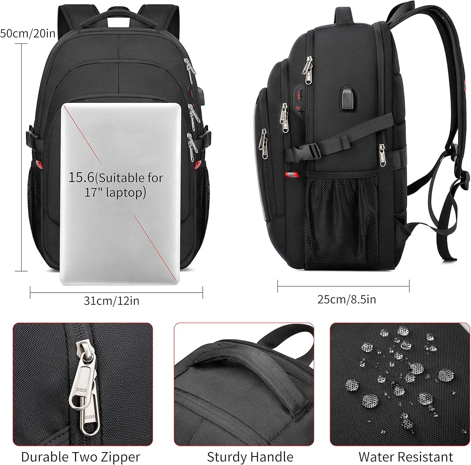 17.3 inch Laptop Backpack,School Bookbag Computer Rucksack with USB Charging Port,Water Resistant Sturdy Bagpack for Business College School Travel,Men Women Casual Daypack,Black