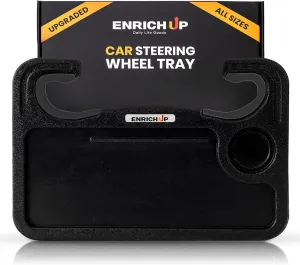 2-in-1 Car Steering Wheel Tray - Steering Wheel Desk for Laptop, Multipurpose Car Table for Eating & Work, Adjustable Car Food Tray with Silicone Rings, Travel Tray (Black Ring (Limited))