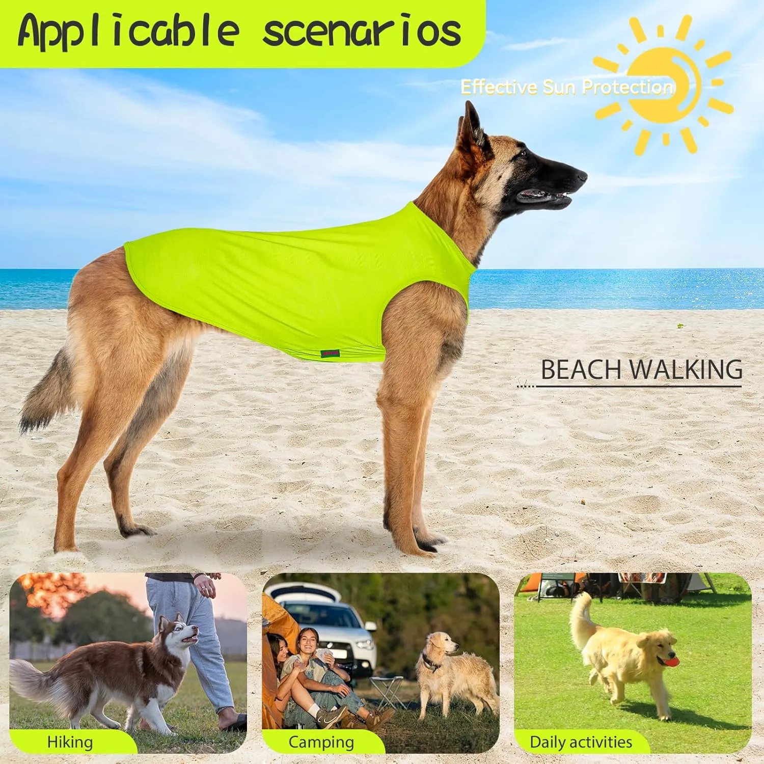 2 Pack Dog Shirts, Ice Pet Vest Dog Clothes for Instant Cooling, Lightweight Breathable Sleeveless T-Shirts for Medium Large Dogs, Light Purple Fluorescent Green (M)