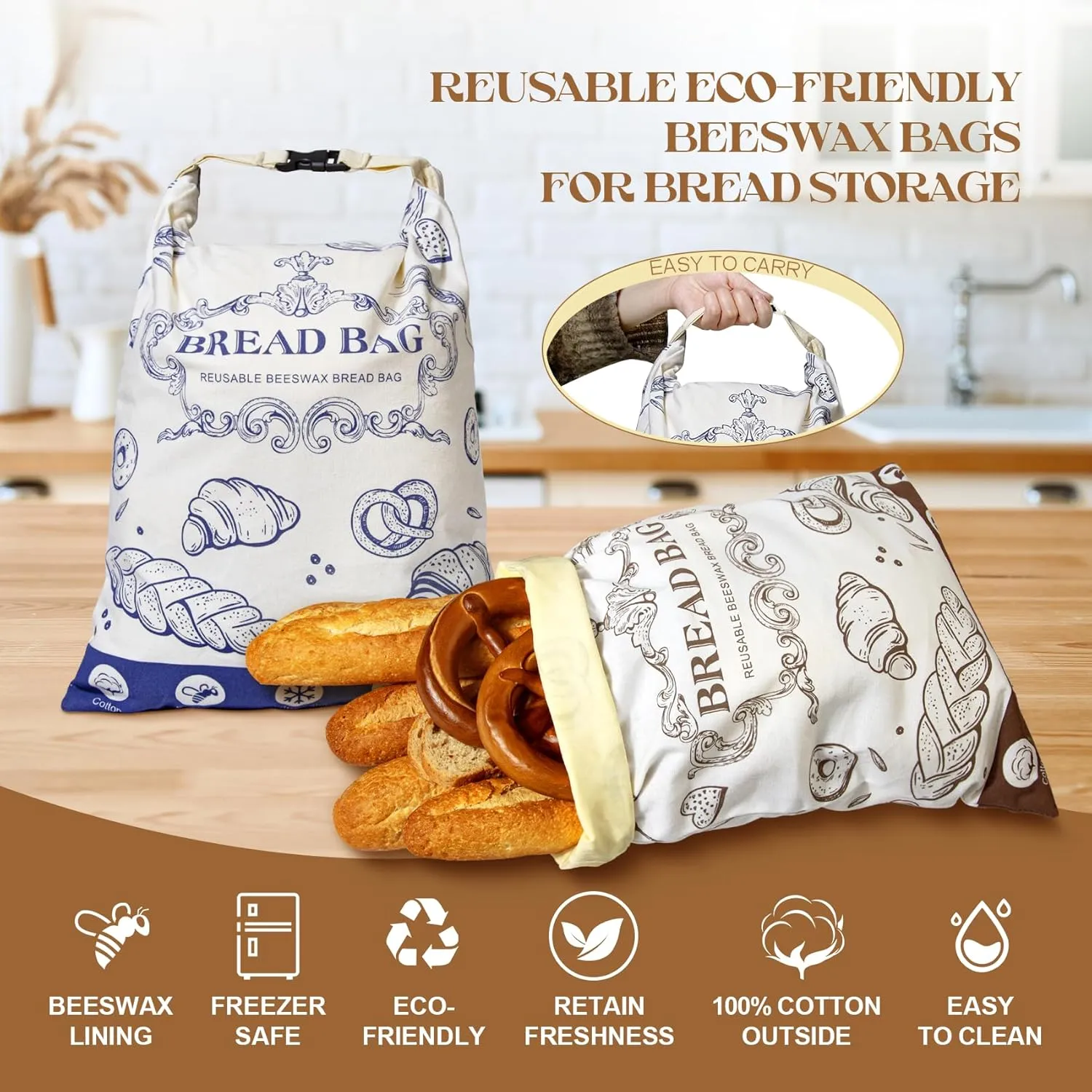 2 Pcs Beeswax Bread Bags,With Zipper Reusable Bread Bags,Large Capacity Bread Bags for Homemade Bread,Sourdough Bread Bags,Cotton Beeswax Bread Bag for Fresh Bread Storage