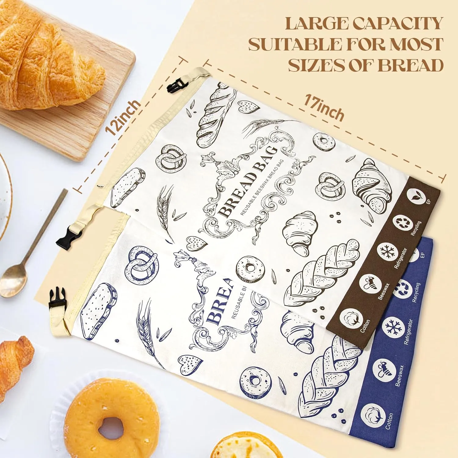 2 Pcs Beeswax Bread Bags,With Zipper Reusable Bread Bags,Large Capacity Bread Bags for Homemade Bread,Sourdough Bread Bags,Cotton Beeswax Bread Bag for Fresh Bread Storage