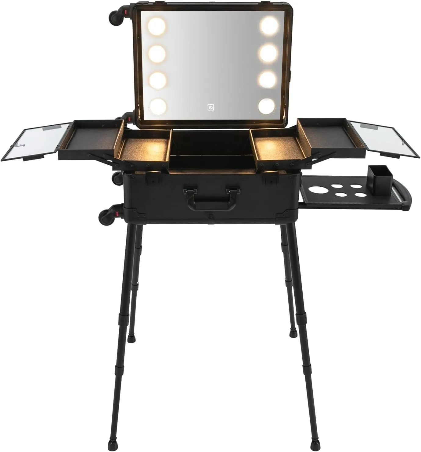 21in Large Makeup Organizer Lighted Makeup Case, Rolling Makeup Train Case Make Up Bag with Mirror and Light, Portable Makeup Organizer Travel Makeup Case Standing Studio Makeup Bag Organizer (Black)