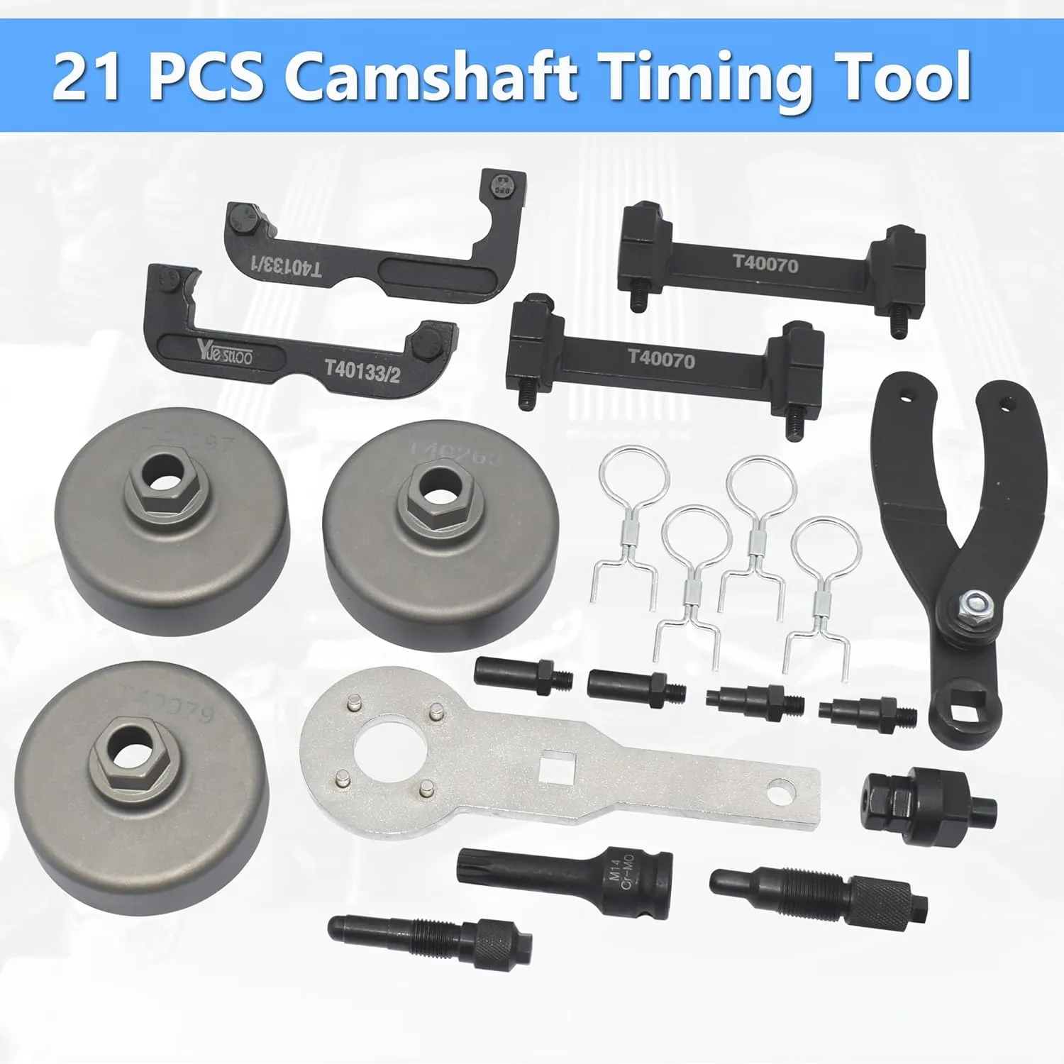 21PCS Camshaft Timing Tool Kit, Compatible with Audi VW EA837 2.0T 2.4 2.5 2.8 3.0T 3.2T 4.2 5.2 Engine, T40133 T40070 T40079 T40269 T40297 T10172 T3242 T40069 T40058 T40071 T10355 M14