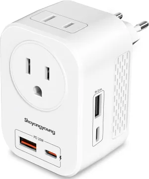220V to 110V Voltage Converter US to Europe International Universal Travel Adapter, 20W PD With 2 USB-A 2 USB-C Port, Worldwide Power Converter Plug Combo US to Spain Italy Greece White-C