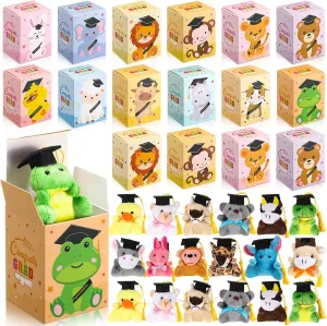 24 Sets Mini Graduation Stuffed Animal Plush Toy with Gifts Box, Preschool Kindergarten Graduation Gifts Bear Animals with Cap Set for 2025 Congrats Grad Party Decor School