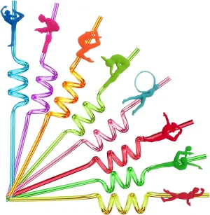 24pcs Reusable Gymnastics Party Straws,Cartoon Dance Aerobics Decoration Straws For Gymnastics Disco Party Favors Birthday Party Decorations With 2 Brushes 8Color Straws