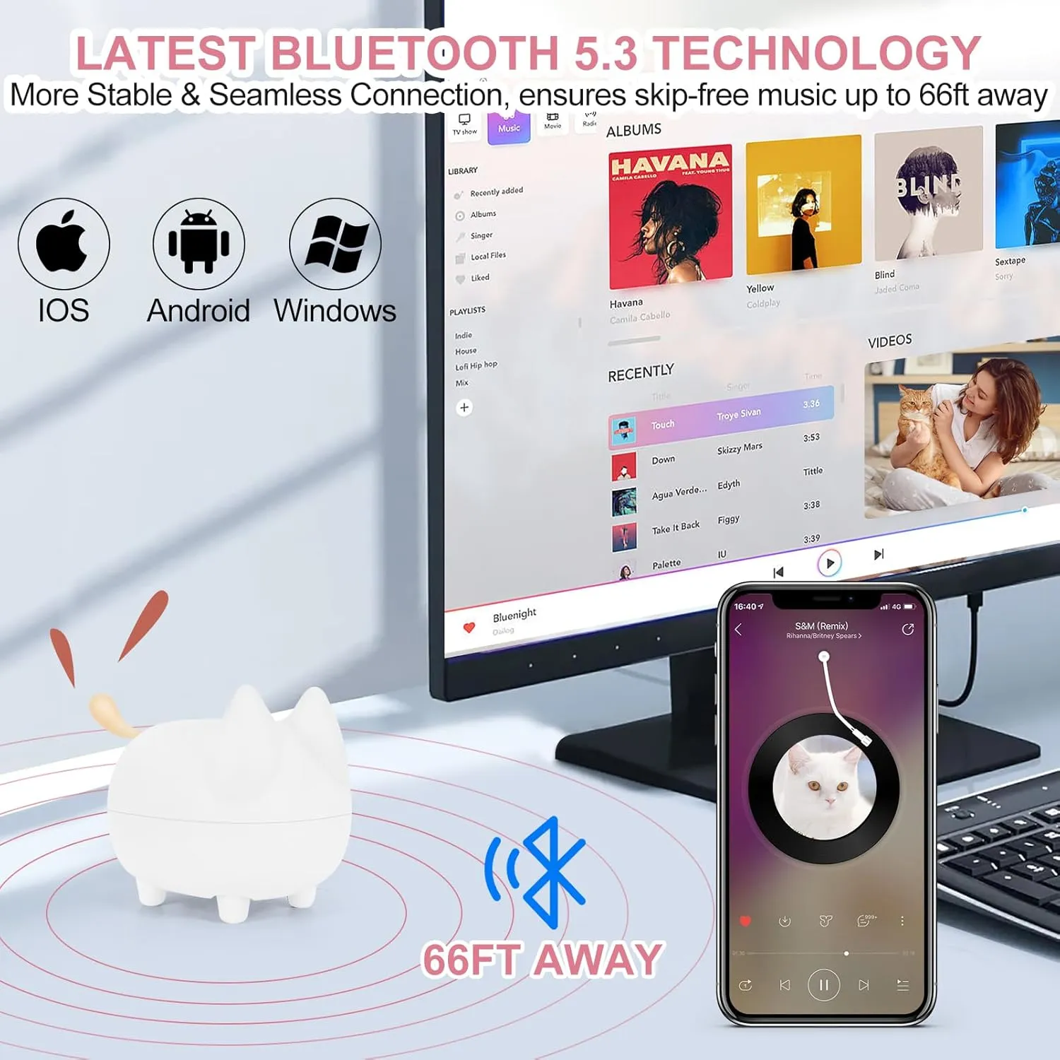 2PCS Portable Bluetooth Speaker, Cute Cat Mini Wireless Speakers with Loud Stereo Sound, Built-in Mic, Super Bass, Dual Pairing,40H Playtime for Android/iOS Devices (White)