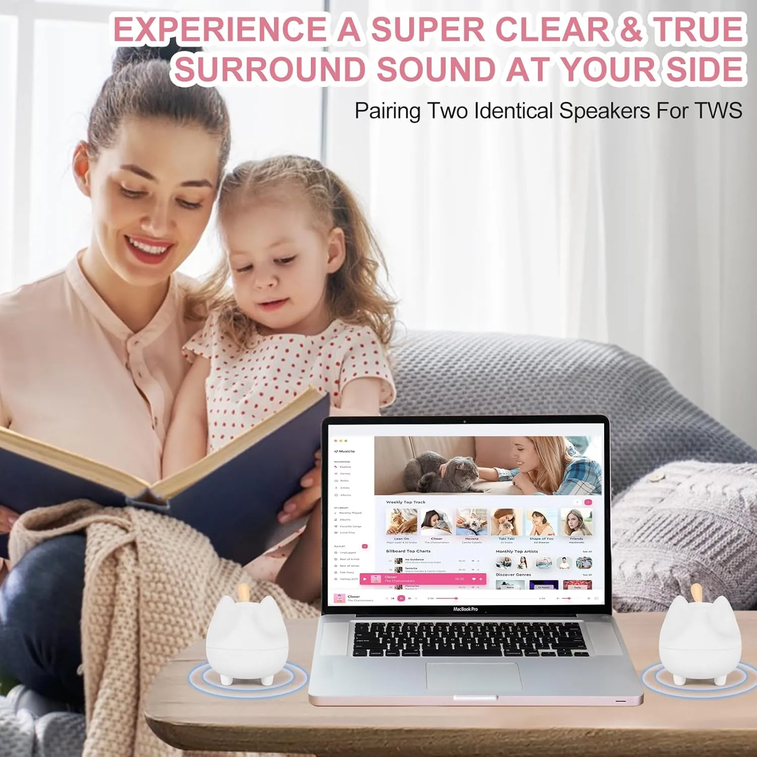 2PCS Portable Bluetooth Speaker, Cute Cat Mini Wireless Speakers with Loud Stereo Sound, Built-in Mic, Super Bass, Dual Pairing,40H Playtime for Android/iOS Devices (White)