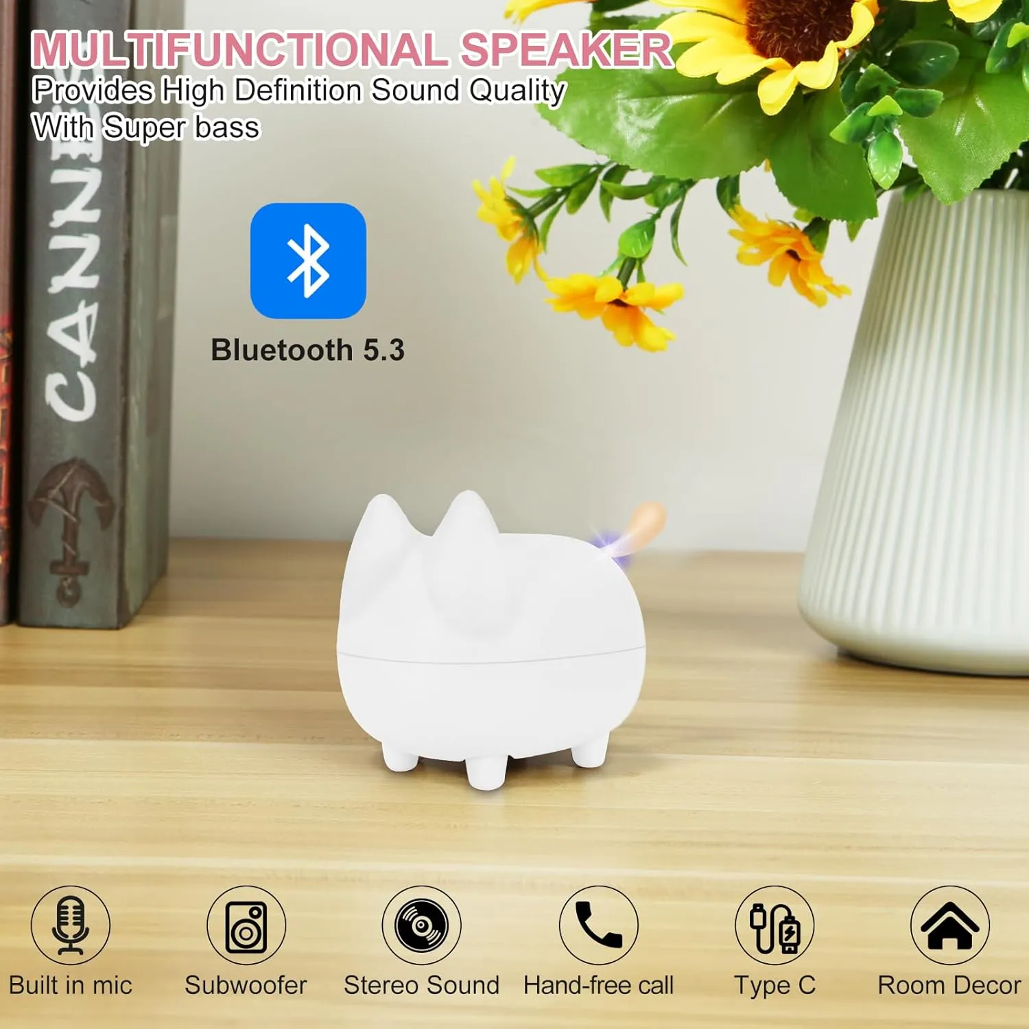 2PCS Portable Bluetooth Speaker, Cute Cat Mini Wireless Speakers with Loud Stereo Sound, Built-in Mic, Super Bass, Dual Pairing,40H Playtime for Android/iOS Devices (White)