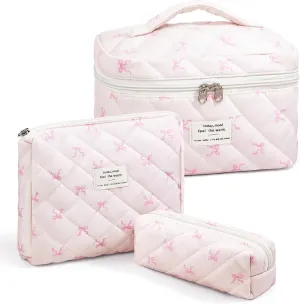 3 Piece Cute Pink Bow Quilted Makeup Bag Set, Large Capacity Travel Makeup Bags for Women and Girls, Includes Small, Medium, and Extra Large aesthetic makeup&Cosmetic Bags (3PCS-Pink SlimBow)