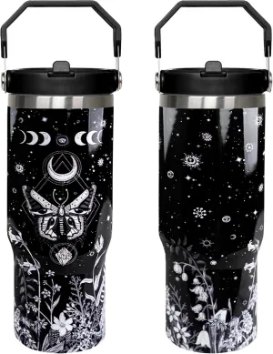 30oz Goth Tumbler with Handle and Straw, Sun and Moon Cup Gothic Butterfly Insulated Leak Proof Travel Coffee Mug, Witchy Stuff, Reusable Stainless Steel Witch Tumbler