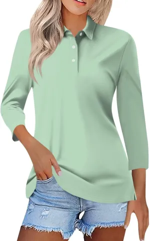 3/4 Sleeve Work Polo Shirts for Women 2024 Fall V-Neck Button-Down Pullover Top Casual Slim Fit Athletic Golf T Shirt