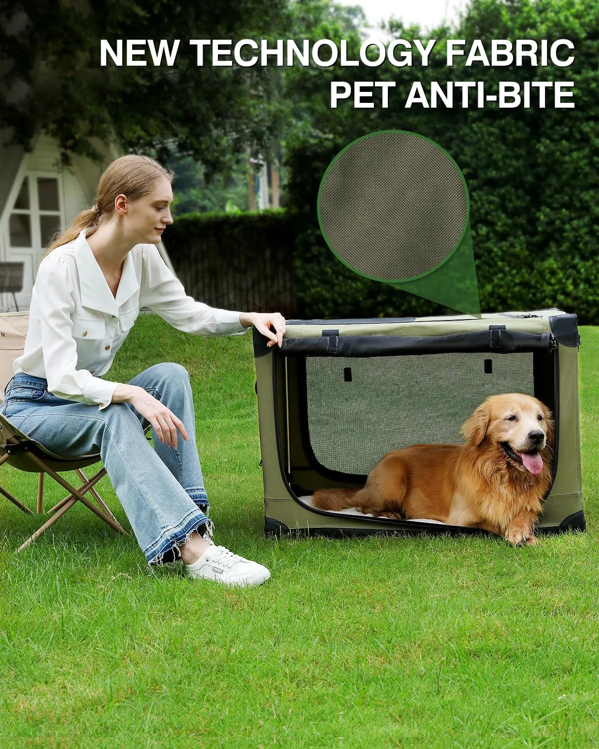 36 Inch Collapsible Travel Dog Crate for Medium Large Dogs, Portable Dog Crate 4-Door Foldable Soft Kennel with Chew-Proof Mesh Windows for Indoor & Outdoor Travel,with Storage Bag,Green