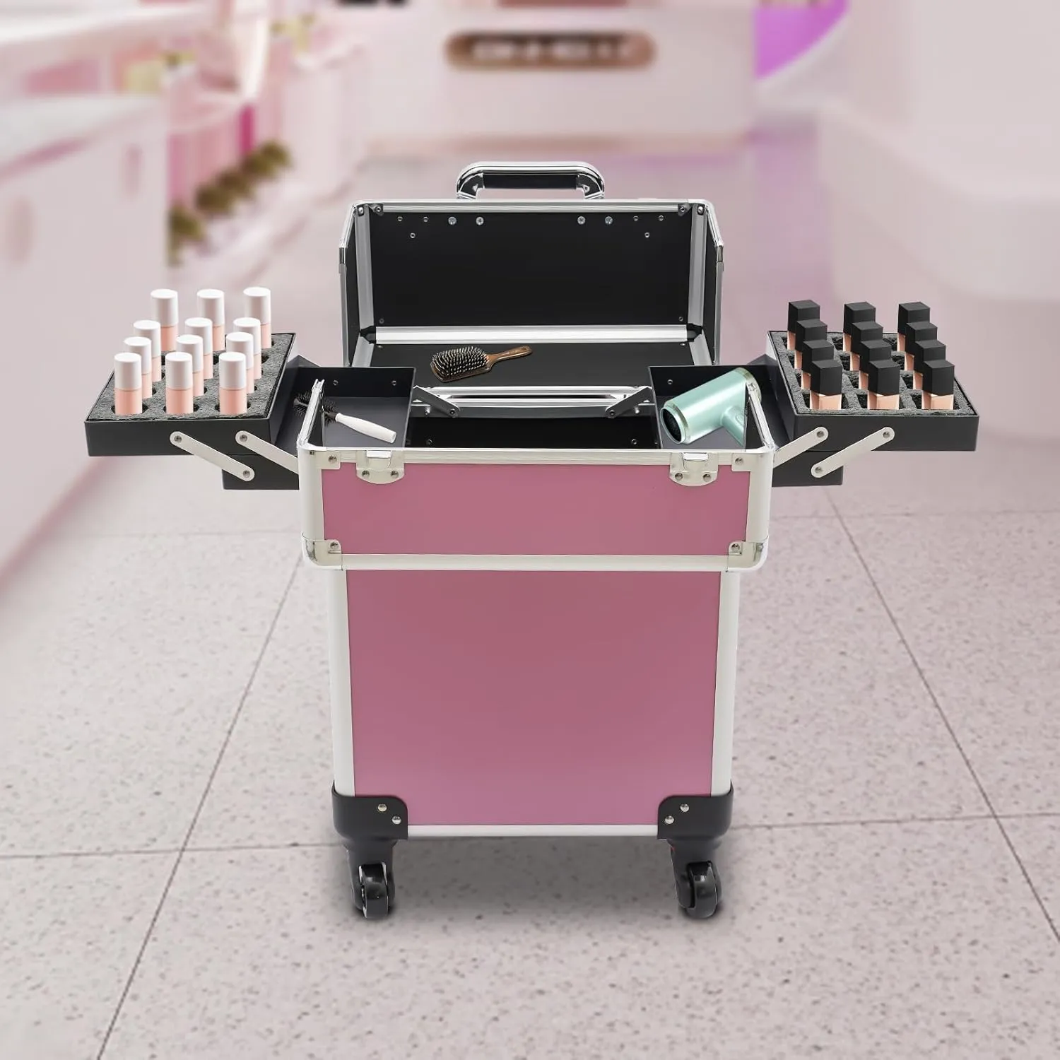 4 Layers Professional Travel Makeup Case Rolling Makeup Storage Organizer Portable Cosmetic Trolley Large Capacity Salon Barber Case with Swivel Wheels Trunk Makeup Storage Organizer Cart (pink)