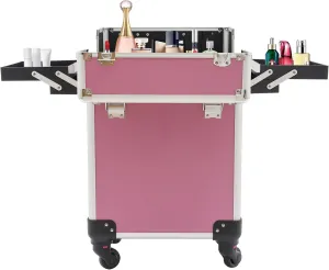 4 Layers Professional Travel Makeup Case Rolling Makeup Storage Organizer Portable Cosmetic Trolley Large Capacity Salon Barber Case with Swivel Wheels Trunk Makeup Storage Organizer Cart (pink)