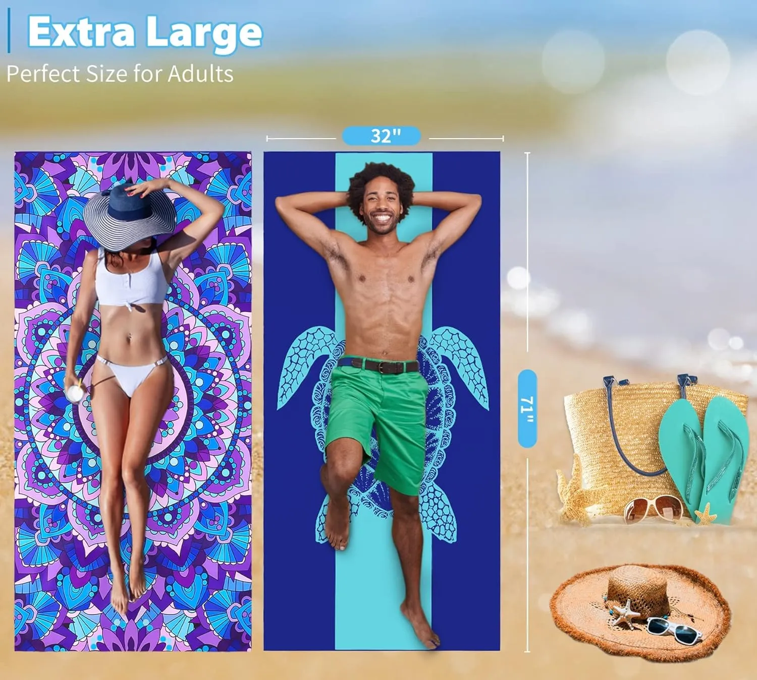 4 Pack Microfiber Thin Lightweight Beach Towel Oversized 71x32 Extra Large Sand Free Towels for Travel Swim Pool Yoga Gym Camping for Adults Women Men Beach Essentials Accessories Vacation Gift