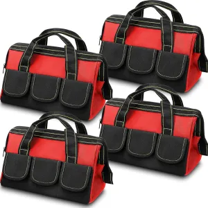 4 Pieces Tool Bag with Waterproof Strong Molded Base Multi Pockets Wide Mouth Tool Tote Multifunctional Tool Bag Large Capacity Organizer Heavy Duty Tool Storage Bag (Red,13 Inch)