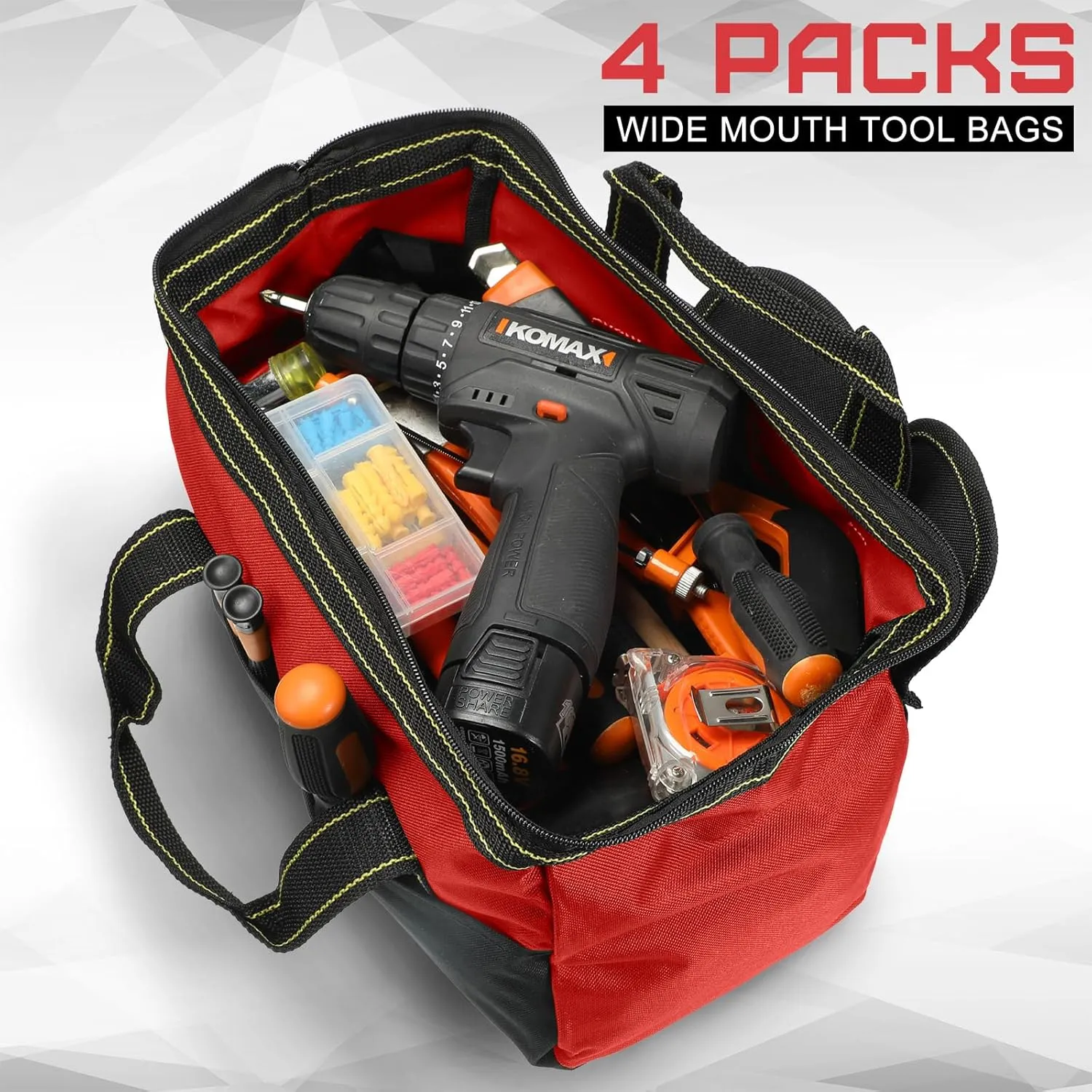 4 Pieces Tool Bag with Waterproof Strong Molded Base Multi Pockets Wide Mouth Tool Tote Multifunctional Tool Bag Large Capacity Organizer Heavy Duty Tool Storage Bag (Red,13 Inch)