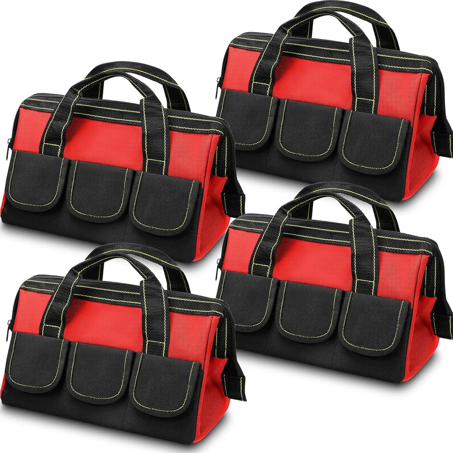 4 Pieces Tool Bag with Waterproof Strong Molded Base Multi Pockets Wide Mouth Tool Tote Multifunctional Tool Bag Large Capacity Organizer Heavy Duty Tool Storage Bag (Red,13 Inch)