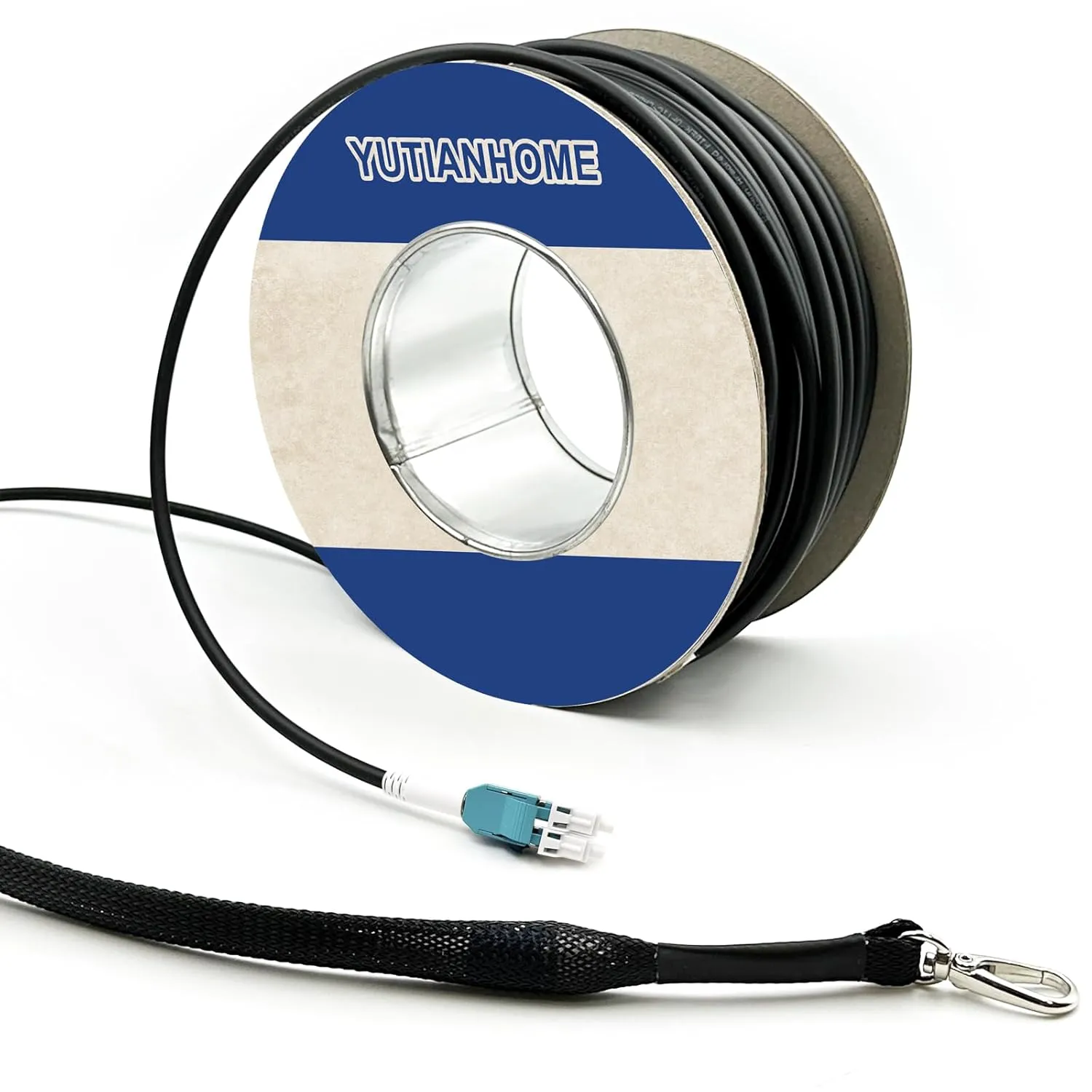 400ft OD-5mm Industrial TPU OM3 Fiber LC to LC Outdoor Armored Fiber Patch Cable, Duplex Multimode Fiber Optic Cable, 40Gb 10Gb, 50/125, Uniboot LC-LC with Pulling Eye Kit Installed on one end