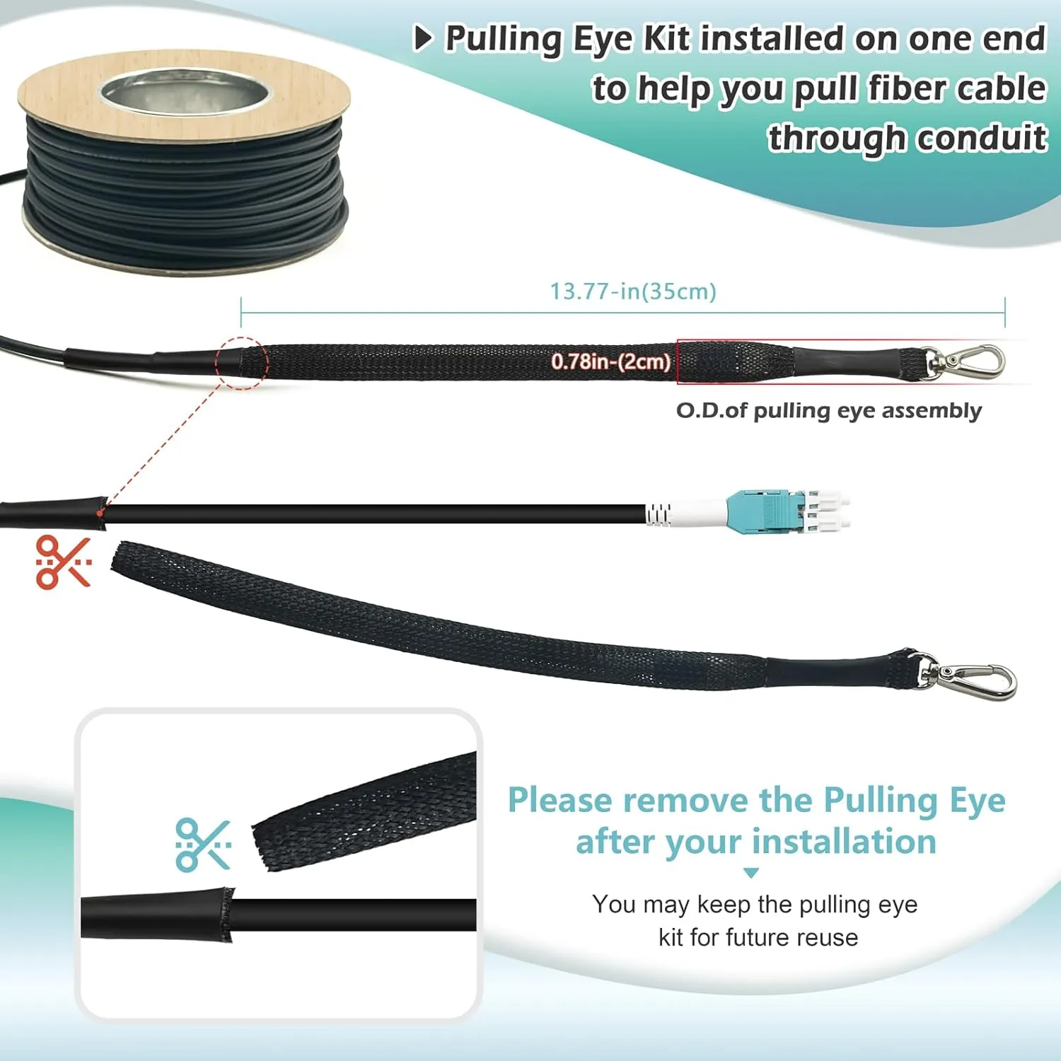 400ft OD-5mm Industrial TPU OM3 Fiber LC to LC Outdoor Armored Fiber Patch Cable, Duplex Multimode Fiber Optic Cable, 40Gb 10Gb, 50/125, Uniboot LC-LC with Pulling Eye Kit Installed on one end