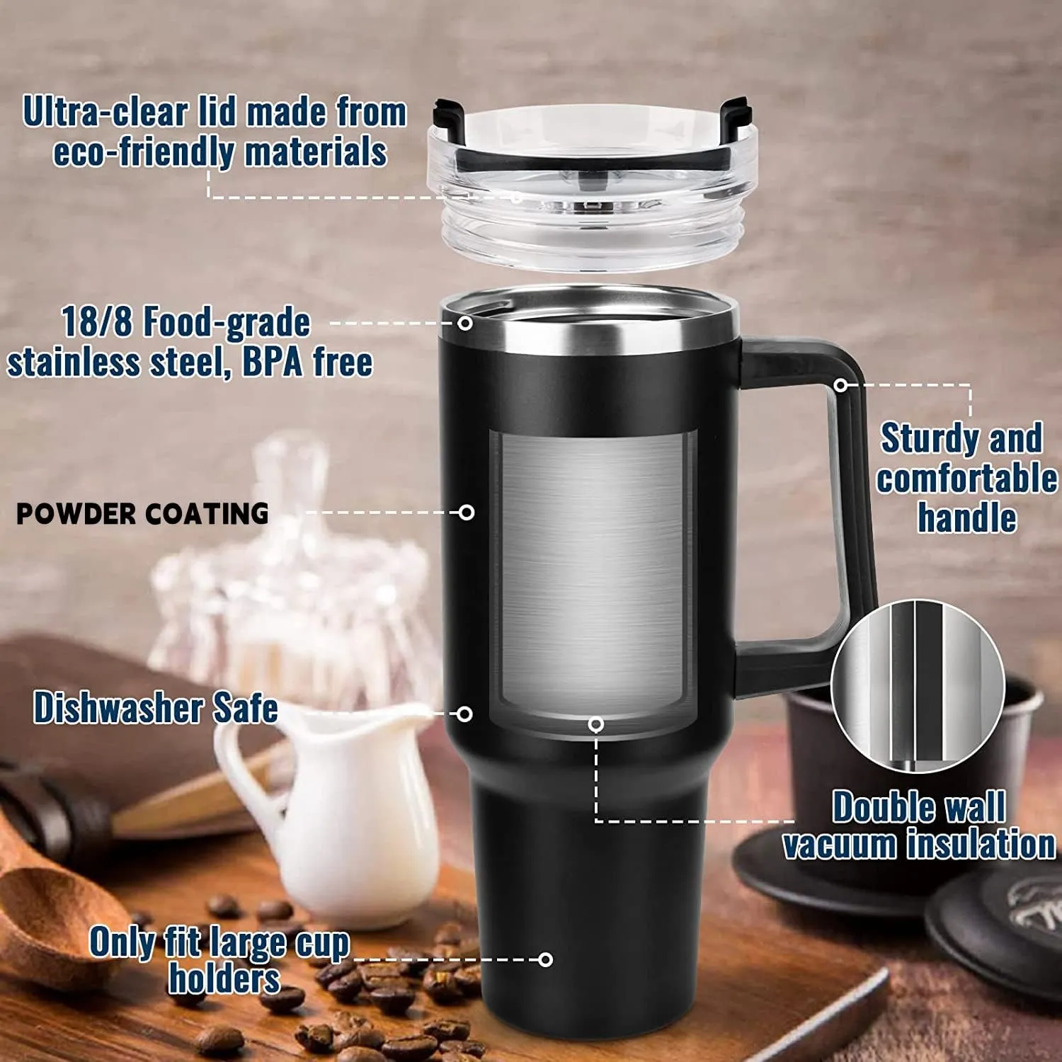 40oz Insulated Travel Mug Tumbler With Handle and Straw,Stainless Steel Double Wall Vacuum Cup Keep Drink Cold and Hot (Caramel)