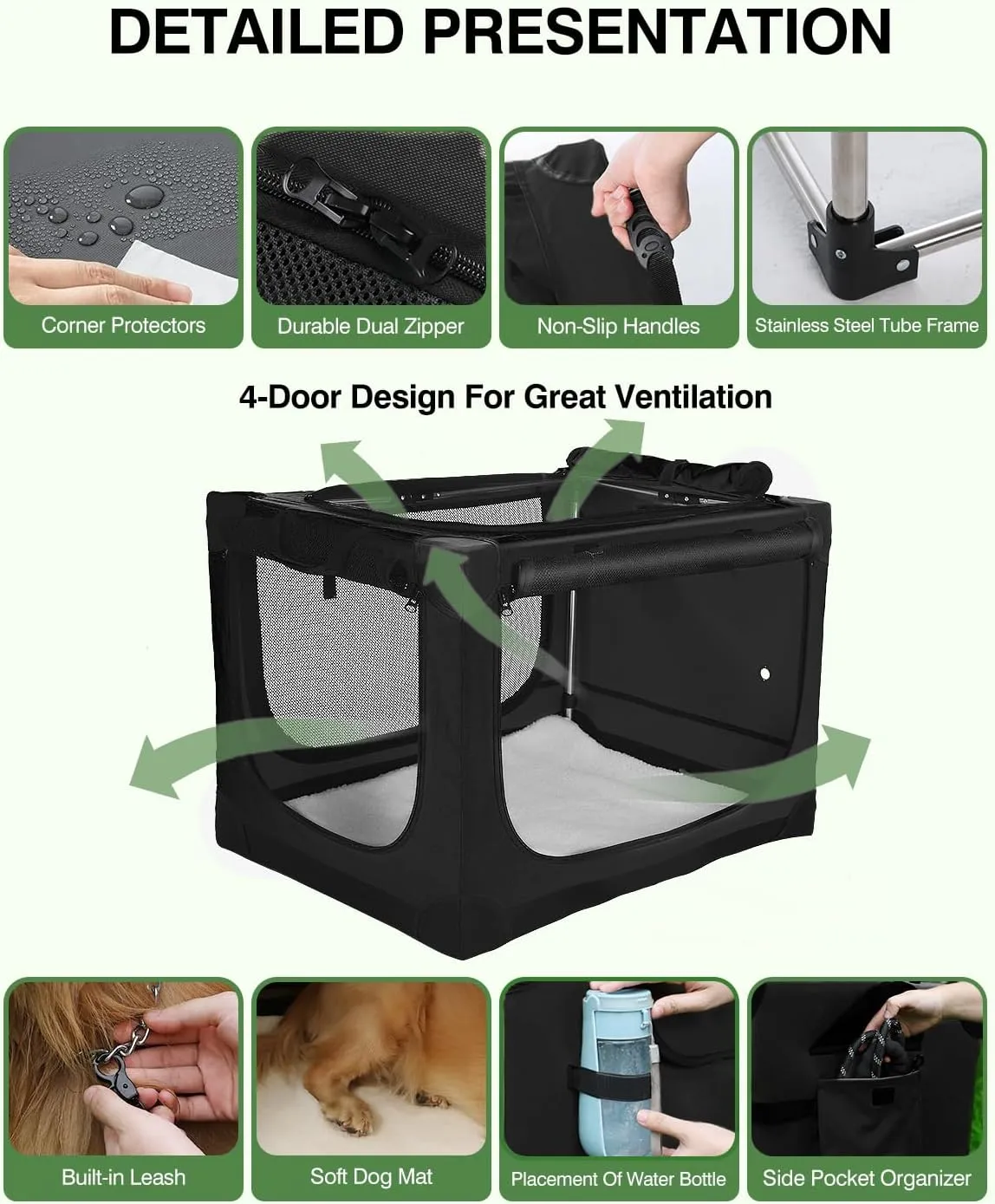 42 Inch Collapsible Travel Dog Crate for Medium Large Dogs, Portable Dog Crate 4-Door Foldable Soft Kennel with Chew-Proof Mesh Windows for Indoor & Outdoor Travel,with Storage Bag,Black