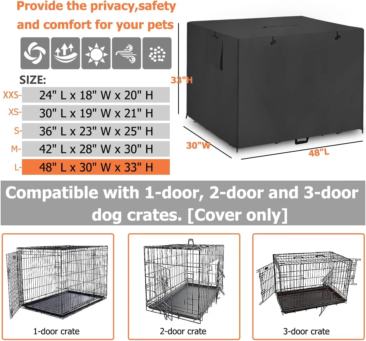 48Inch Wire Dog Crate Cover,Durable Windproof Privacy Polyester Pet Kennel Covers,Breathable Blackout Cover for 1/2/3 Door Dog Cage. (48" L x 30" W x 33" H,Black)