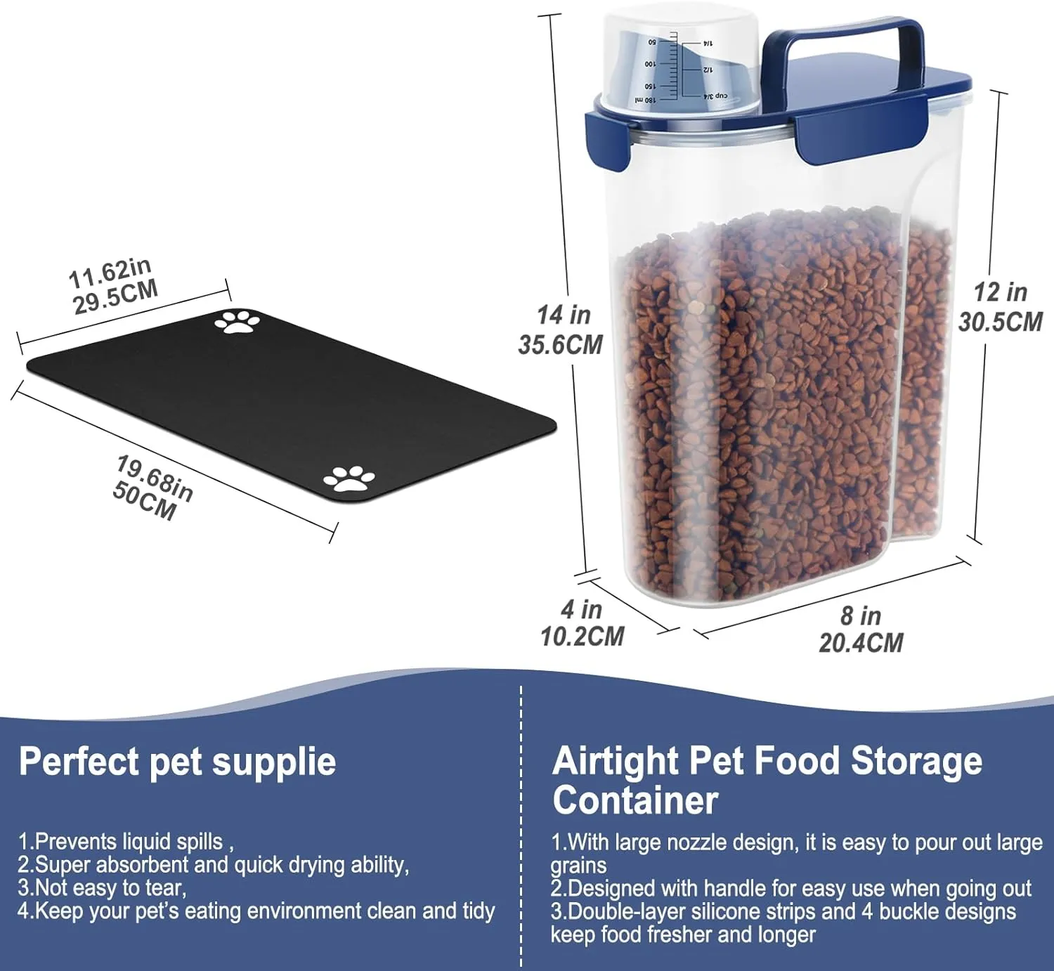 5-7Lbs Portable Airtight Dog Cat Food Container, Match Pet Feeding Mat Clean and Convenient, Making Food Less Messy, Translucent Storage Bin for Small Animal Kibble, Bird Seed, Oatmeal-Royal Blue